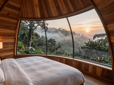 A close-up of a luxury couple dome interior with warm teak wood detailing, a plush bed facing a curved glass wall looking out to misty rainforest at sunset