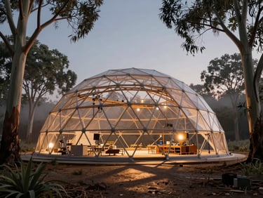 Architectural rendering of a geodesic dome structural frame under construction, surrounded by towering eucalyptus trees, misty twilight atmosphere, soft amber worklights casting long shadows.