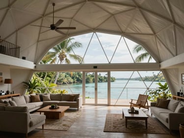 A spacious multi-level geodesic dome interior with sustainable materials, open-plan living, and panoramic views of tropical waterways