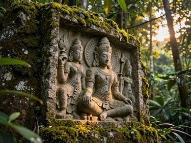 Close-up of hand-carved Sri Lankan basalt stone relief integrated into a moss-covered Australian rainforest wall, soft golden sunset light filtering through dense leaves.