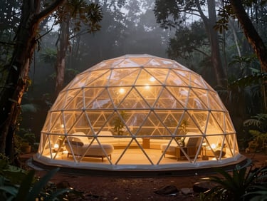 A glowing geodesic wellness dome nestled deep within a misty Australian rainforest at twilight, warm gold light radiating from the biophilic structure.