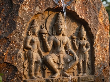 Extreme close-up of hand-carved Sri Lankan stone relief integrated into raw Australian basalt rock, water trickling over the detailed carvings, warm golden hour lighting, cinematic focus.