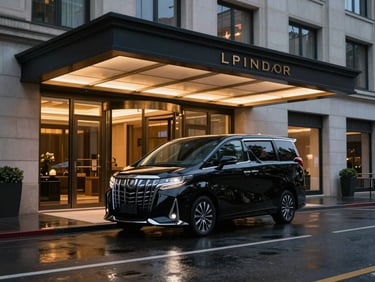 Exterior of a premium hotel porte-cochère at dusk, a black executive MPV parked precisely at the entrance, warm lobby light spilling through glass doors onto dark wet pavement, no people, calm and composed framing