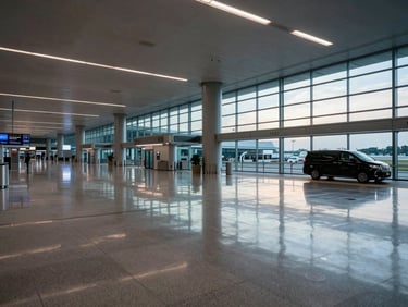 Wide panoramic view of Singapore Changi Airport Terminal 3 arrivals hall at dawn, empty polished floors reflecting cool overhead light, a single black executive vehicle visible through the glass facade far right, serene and controlled atmosphere