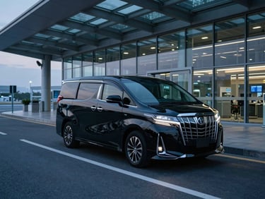 Wide shot of a black Toyota Alphard parked at the entrance of a glass-and-steel terminal at dawn, empty arrivals lane, cool blue ambient light, vehicle door slightly ajar, no people visible