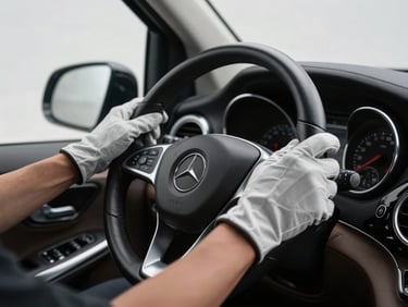 Driver's gloved hands resting on the steering wheel of a Mercedes-Benz V-Class interior, cool studio light, polished leather and brushed metal detail visible, dashboard rendered as soft background blur