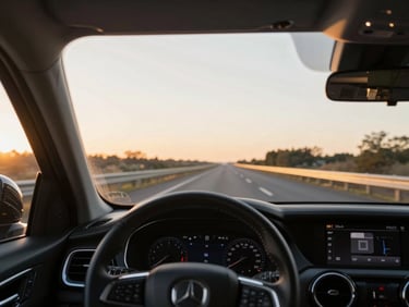 Panoramic view from inside a moving luxury vehicle on a wide highway at golden hour, the road ahead perfectly centered, dashboard detail in soft focus foreground, warm ambient light flooding the cabin from the left, calm and purposeful atmosphere