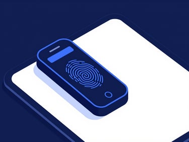 Subtle vector illustration of a secure mobile biometric fingerprint scanner and a digital tablet, clean navy blue vector lines, corporate minimalist style