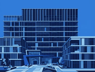 Flat vector illustration of a modern architectural building facade with clean geometric lines, in navy and royal blue tones, sharp corporate minimalist style