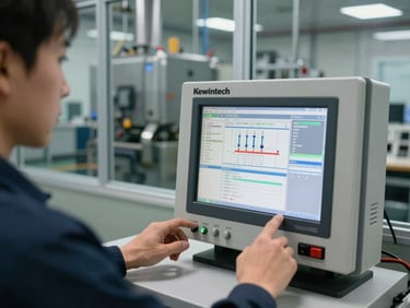 Factory floor control room, technician's hands adjusting a Kewintech SCADA panel, HMI display showing process data, industrial machinery visible through the glass partition behind