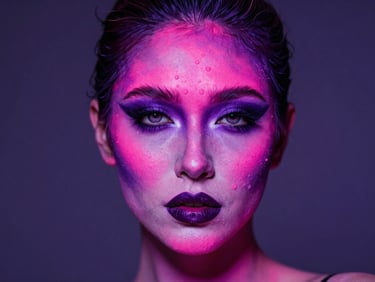 Dramatic avant-garde fantasy makeup portrait, high-pigment neon pink and deep purple face paint, creative textures, theatrical lighting