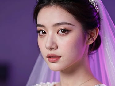 High-fashion bridal portrait, elegant modern wedding makeup, crisp details, soft focus background, dramatic key lighting