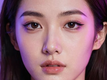 Close-up portrait of a woman with sophisticated social makeup, flawless skin texture, sharp eyeliner, soft warm studio lighting with a purple rim light