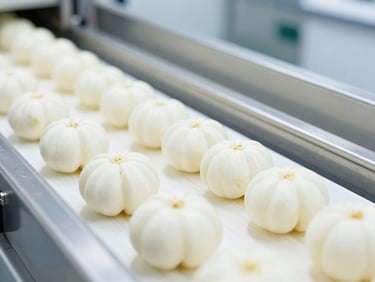 Close-up of clean, healthy produce on a stainless steel conveyor belt in a modern food processing plant, bright white lighting, cool tones.