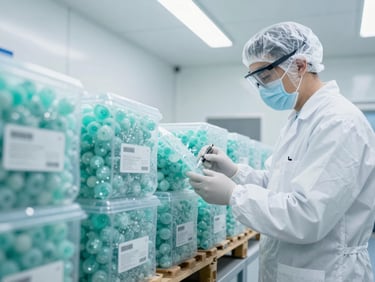Scientists in cleanroom attire inspecting a pallet of temperature-sensitive goods in a cold storage warehouse, visible condensation, bright clinical light.