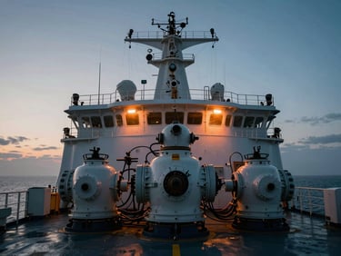 Cinematic industrial photography of maritime navigation equipment on a ship bridge, soft orange and blue light, desaturated steel blues, wide-angle lens