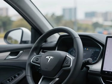 Close-up of a modern car dashboard and steering wheel, clean interior, soft natural light coming through the window, realistic automotive photography.