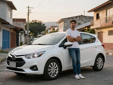 A proud car owner standing next to a clean hatchback in a Medellin residential area, soft golden hour light, realistic automotive photography, 35mm lens.