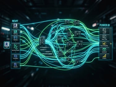 Front-on macro shot of a node-based Grasshopper data pipeline with glowing cyan and neon green wires connecting Revit to Power BI, dark ambient background, high-contrast digital glow.