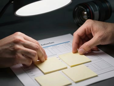 Close-up of hands positioning sticky notes on a printed sales system flowchart on a dark desk, cool studio overhead light, one sticky note highlighted by a narrow beam, rest of chart in soft shadow