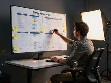 Wide environmental shot of Shray Bhambi seated at a standing desk in a dark studio, reviewing a multi-panel sales funnel flowchart pinned to a wall-mounted board — cool studio strobe with a warm gold rim light from the right creating cinematic separation, sticky notes with conversion stage labels visible, monitor glow reflecting on the desk surface, no direct eye contact with camera, focus on the system being studied