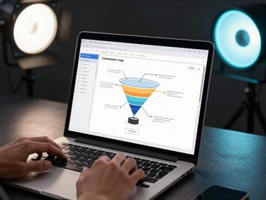 Close-up of a laptop screen showing an AI tool output integrated into a funnel diagram, commission dashboard visible in a browser tab, cool studio strobes with a neon cyan rim light, dark charcoal desk surface, hands resting on keyboard in the lower foreground