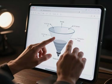 Screenshot of an AI tool output document being placed into a funnel diagram on screen, hands adjusting the positioning, cinematic rim lighting from the left, dark studio background with shallow depth of field