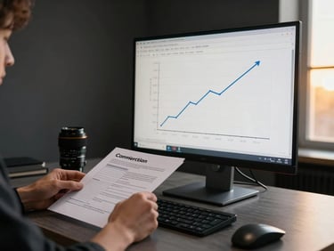 Wide shot of a dark studio workspace with a commission graph trending upward on a monitor, Shray's hands reviewing printed funnel notes beside the screen, golden-hour window light bleeding in from the far right edge