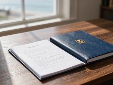 Modern legal documents on a dark wood desk, sunlight filtering through a window, deep navy and warm gold accents, sharp focus, 35mm lens