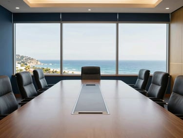 Clean, empty executive boardroom with a large window overlooking a coastal view, bright natural coastal window light, deep navy and warm gold accents, sharp focus, 35mm lens