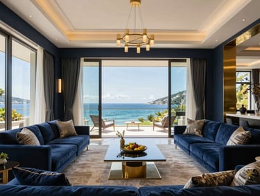 Interior shot of a spacious, modern luxury living room with large windows overlooking a coastal landscape, high-end finishes, and natural coastal daylight, deep navy and warm gold accents, sharp focus, 35mm lens