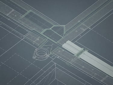 Top-down technical CAD drawing of a flat roof waterproofing joint detail, crisp lines, desaturated blueprint aesthetic with subtle green highlights, 35mm