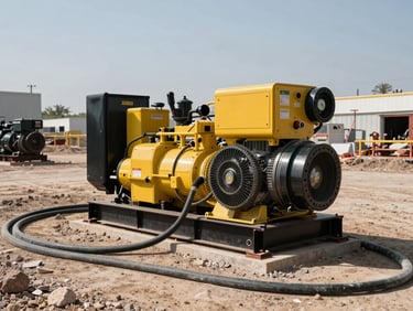 Wide shot from ground level, a large diesel generator running at full load on a dusty Nuevo León construction site, thick power cables snaking across gravel, harsh midday sun casting sharp shadows on the yellow casing, industrial park visible in background