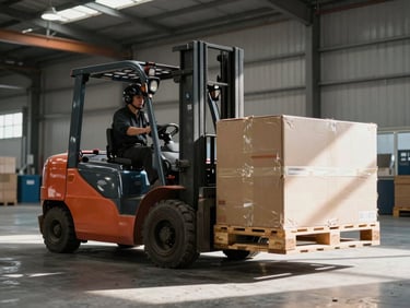 Wide shot of an industrial forklift moving a heavy pallet load inside a large warehouse, forks raised mid-lift, harsh overhead industrial lighting casting strong shadows on the concrete floor, operator at the wheel