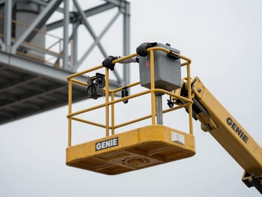 Close-up of an articulated Genie boom lift platform basket at height, operator's gloved hands on the control panel, industrial steel framework in background, overcast daylight, concrete and metal tones