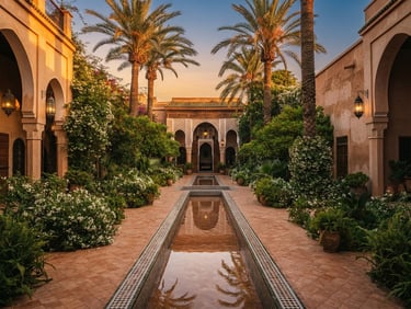 A wide-angle architectural shot of a Rabat courtyard garden at golden hour, featuring a central geometric water channel reflecting tall palm trees, surrounded by terracotta tiling and lush native jasmine.