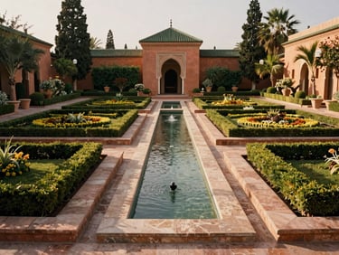 Wide environmental shot of a diplomatic villa garden in Rabat, showcasing structured geometric flower beds, low stone retaining walls, and a central water channel under warm afternoon sun.