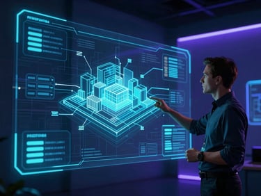 Professional instructor presenting a complex architecture diagram on a holographic display in a softly lit modern studio, waist-up shot, neon backlighting in indigo, high-fidelity UI.