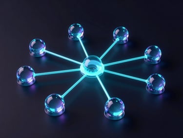 Sleek 3D render of interconnected glassmorphic nodes representing a peer review network, glowing cyan lines, dark futuristic aesthetic, isometric perspective.