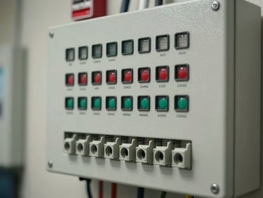Detail shot of a fire alarm control panel with labelled zone indicators and wiring terminals, mounted on a facility wall, task lighting, no people visible