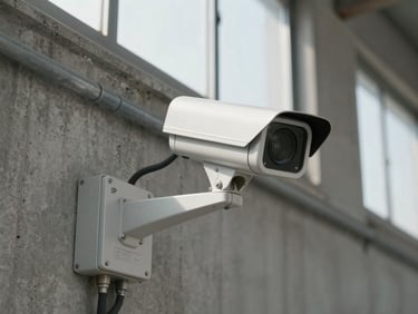 Tight shot of an IP security camera mounted on a factory wall bracket, cable conduit running to junction box beside it, industrial concrete wall background, daylight from high windows