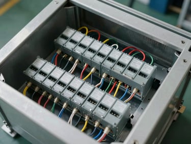 Close-up overhead shot of a PLC rack with labelled I/O modules and colour-coded wiring, mounted inside an open steel enclosure, natural factory daylight, no people