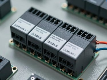 Close-up overhead shot of a Siemens S7 PLC module with wiring terminals and DIN rail mounting, task lighting revealing connector labels, industrial panel background