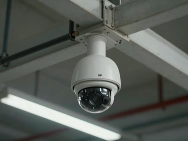 Tight shot of an IP dome camera mounted on a factory ceiling beam, conduit visible running along the beam, industrial fluorescent lighting, no people