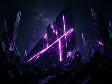 Immersive wide 21:9 digital landscape, dark abstract geometry with glowing neon purple lines slicing through obsidian monoliths, dramatic backlighting, 35mm