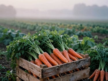 Moody shot of a misty organic farm field at sunrise, wooden crates stacked with fresh heirloom carrots in the foreground, 35mm film grain.