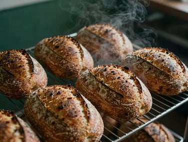 Close-up of golden sourdough loaves cooling on a metal rack in a bakery, steam gently rising, moody side-lighting.