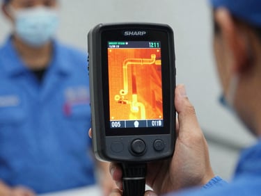 Sharp, centered macro shot of a thermal imaging camera screen displaying pipe heat signatures, bright clinical daylight, held by a technician in a clean blue uniform.