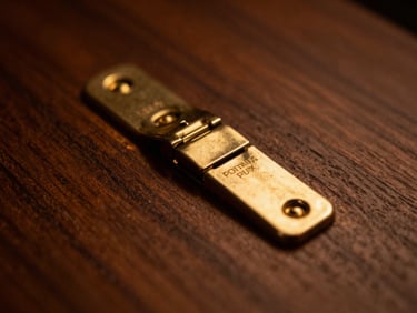 Macro extreme close-up of a premium humidor's gold-plated hinge embedded in rich, textured Spanish cedar wood, soft warm side lighting, shallow depth of field