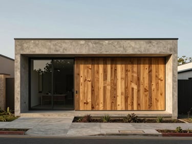 Architectural exterior of a standalone modern house, concrete and oak facade, soft diffused daylight, sharp focus, 35mm